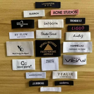 Etiquetas con logo para ropa mostrado como ejemplo de fabricación de etiquetas textiles con etiqueta colgante, etiqueta de talla y parche textil